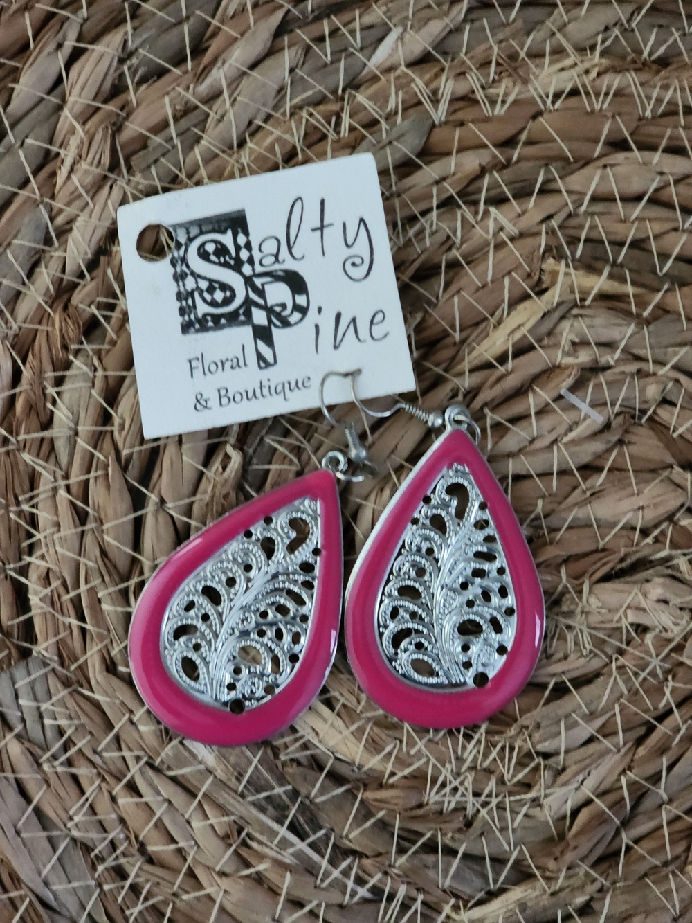 SALTY PINE Pink Teardrop Filigree Dangle Earrings - Picture 4 of 7